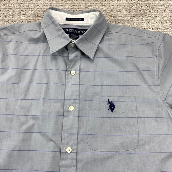 US Polo Assn. Shirt Men Small S Gray Blue Striped Button Down Short Sleeve - Picture 2 of 11